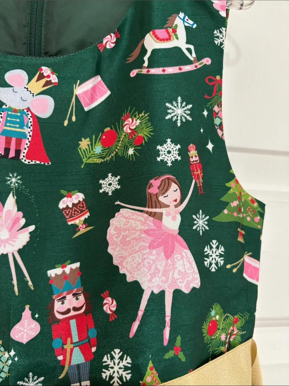 Bonnie Jean Green Nutcracker & Ballerina Holiday Dress w/ Gold Bow Girls 12 EUC